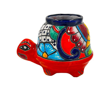 Mexican Talavera Corona Turtle Planter Pot Hand Painted - Red Body